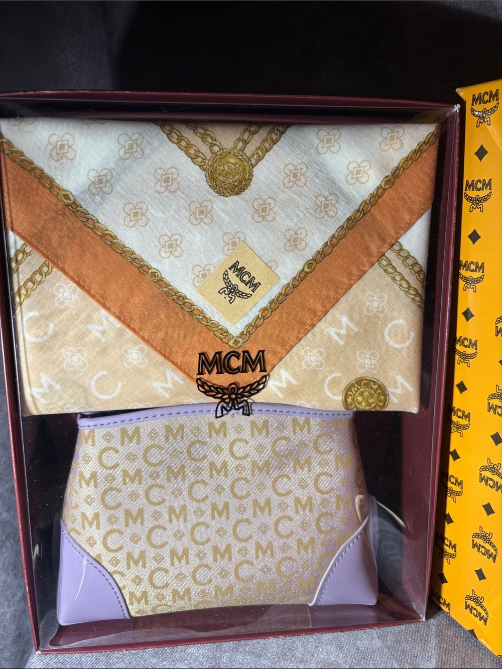 MCM Beige, Gold & Lilac Monogram Scarf and Pouch Set